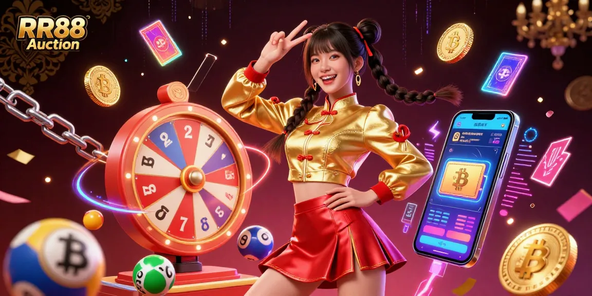 Engage in the thrilling RR88 Auction with vibrant 3D visuals of a lively casino atmosphere, showcasing lottery excitement.