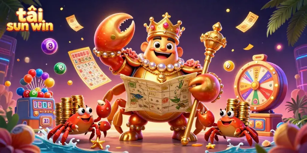 Join the quest to tải sun win with the majestic crab emperor in this vibrant casino-themed illustration.