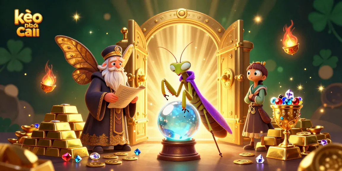 Engage with kèo nhà cái insights through a dynamic scene featuring fortune tellers and treasures.