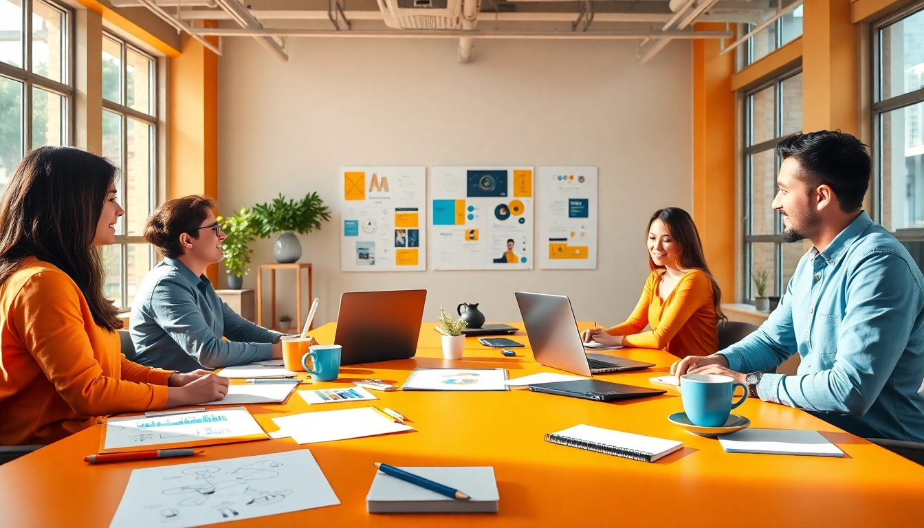 Werbeagentur bei der kreativen Zusammenarbeit in modernem Büro mit Ideen und Entwürfen.