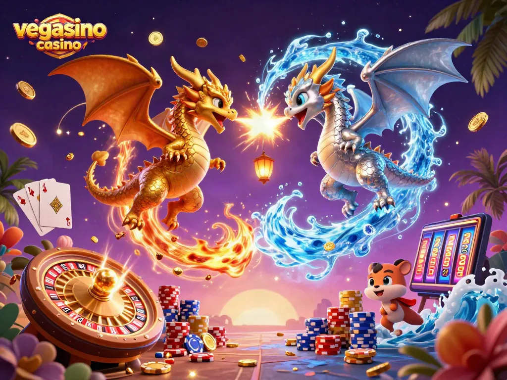 Engage with the vegasino casino experience featuring vibrant 3D dragons amidst a dynamic gaming scene.