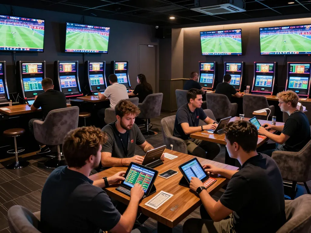 Sports enthusiasts placing bets at TOPBET's vibrant sports betting lounge, showcasing excitement and engagement.