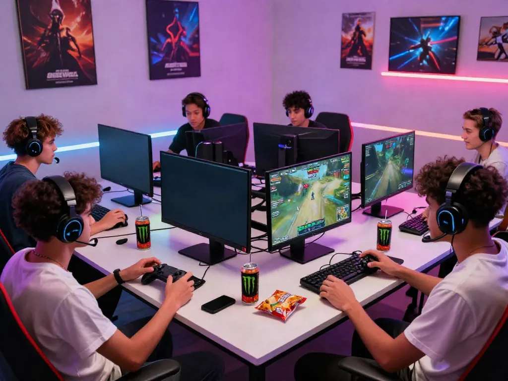 Friends enjoying an exciting rokok88 gaming session with vibrant RGB lighting and snacks.