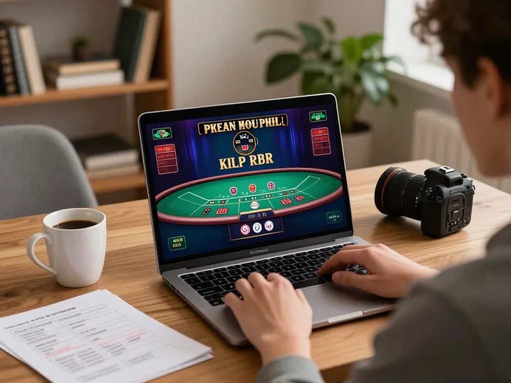 Playing blackjack online with Link vào 79KING displayed on laptop, emphasizing responsible gaming.