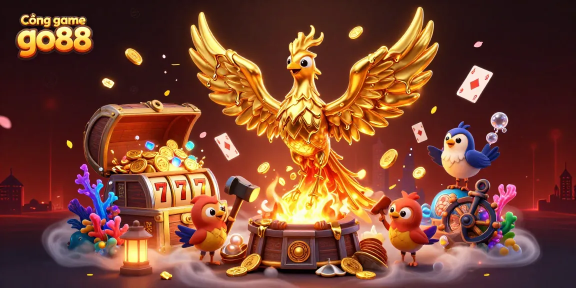 Experience the vibrant excitement of Cổng game go88 as molten metal phoenix releases golden coins in this dynamic casino scene.