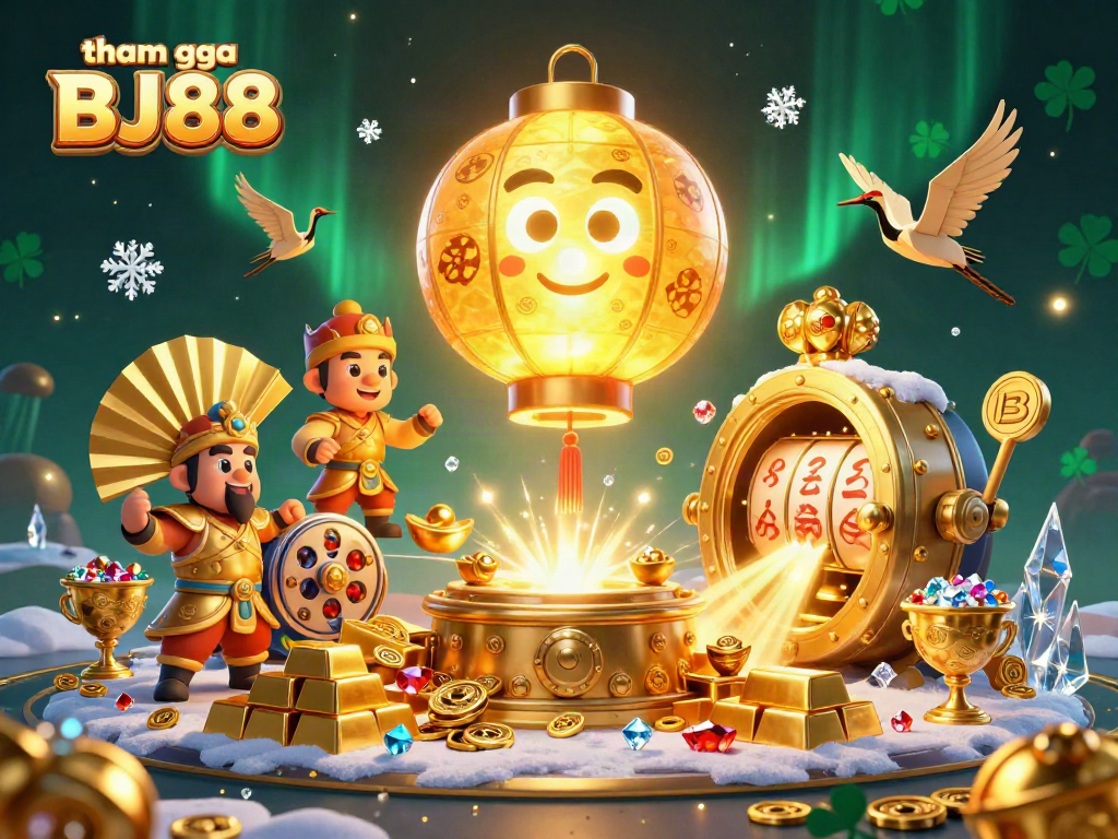 Engage with tham gia BJ88 at a colorful night market casino depicted in a vibrant 3D scene.