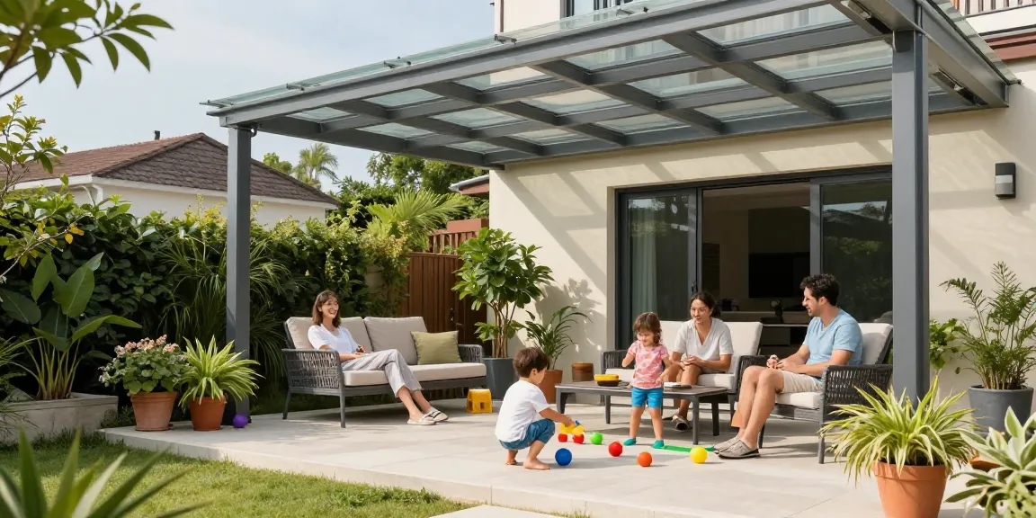 Familie entspannt unter einer Terrassenüberdachung, stilvolles Aluminiumdach.
