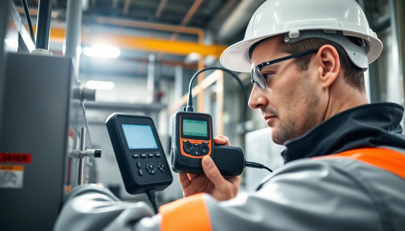Technician conducting DGUV V3 Prüfung in an industrial workspace, ensuring safety compliance.