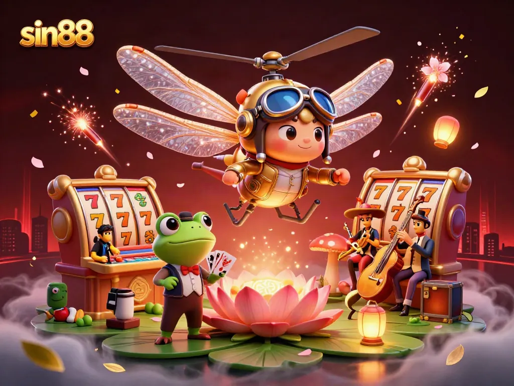 Experience sin88's exciting gambling environment with lively characters, vibrant slot reels, and dynamic action.