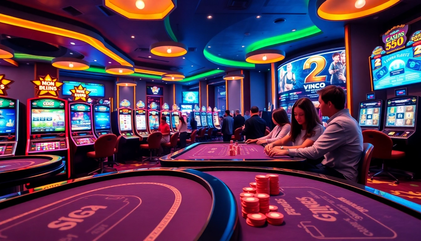 Experience the excitement of GG88 with players engaging at vivid casino tables and modern slot machines.