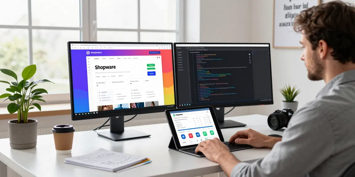 Shopware-Freelancer an einem modernen Arbeitsplatz, der die E-Commerce-Lösungen und die Produktivität von SP Webconsulting präsentiert.