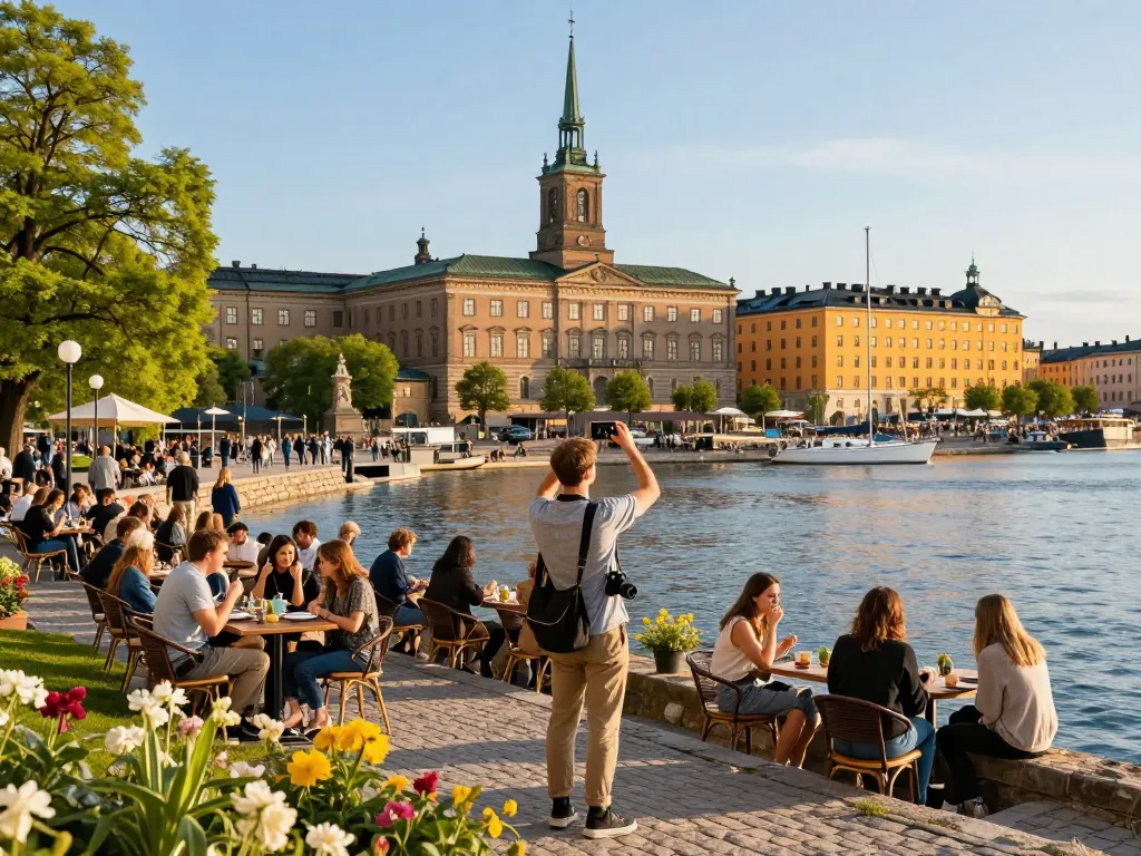 Reisetipps Stockholm: Reisender, der malerische Ausblicke entlang der Uferpromenade in Stockholm festhält