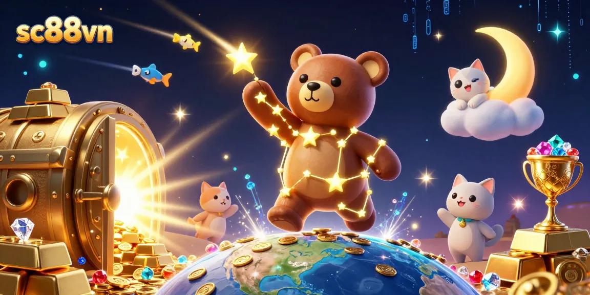 Win big at sc88vn with a cartoon bear scooping coins and vibrant treasures raining from the sky.