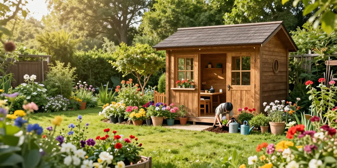 Vibrantes Gartenhaus aus Holz umgeben von bunten Blumen und grüner Landschaft, idyllische Gartenszene mit Gartenarbeiten.