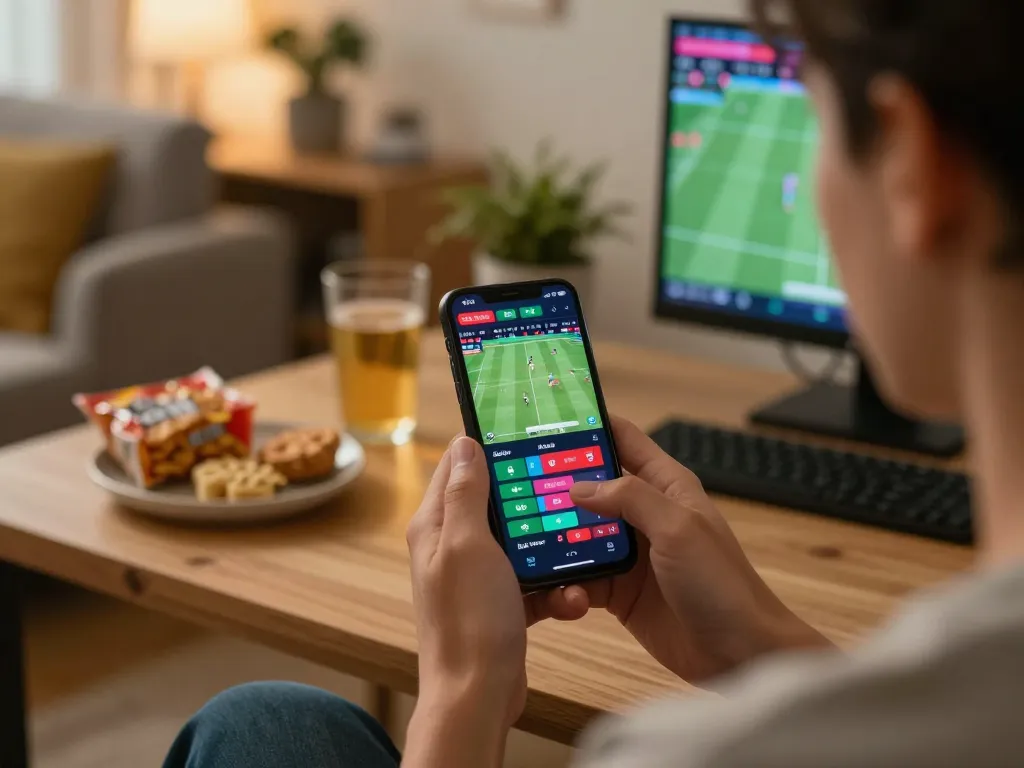 Person engaging in live betting on llwin3 app in cozy home environment with snacks.