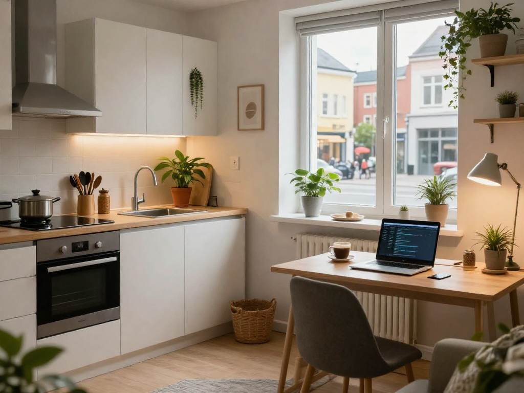 Gemütliche Monteurwohnung Hannover mit modernem Wohnbereich und voll ausgestatteter Küche.