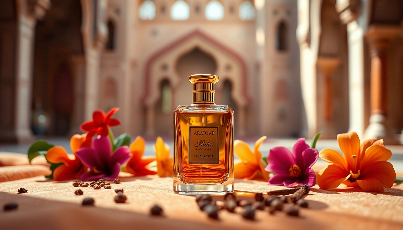 Elegantes ARABISCHES PARFÜM in einer stilvollen Präsentation mit Blumen und Gewürzen