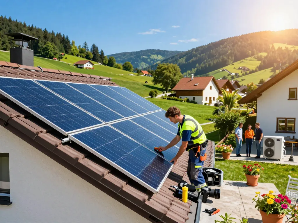 Photovoltaik Bayern Techniker inspiziert Solarpanel auf einem Hausdach, fördert nachhaltige Energie.