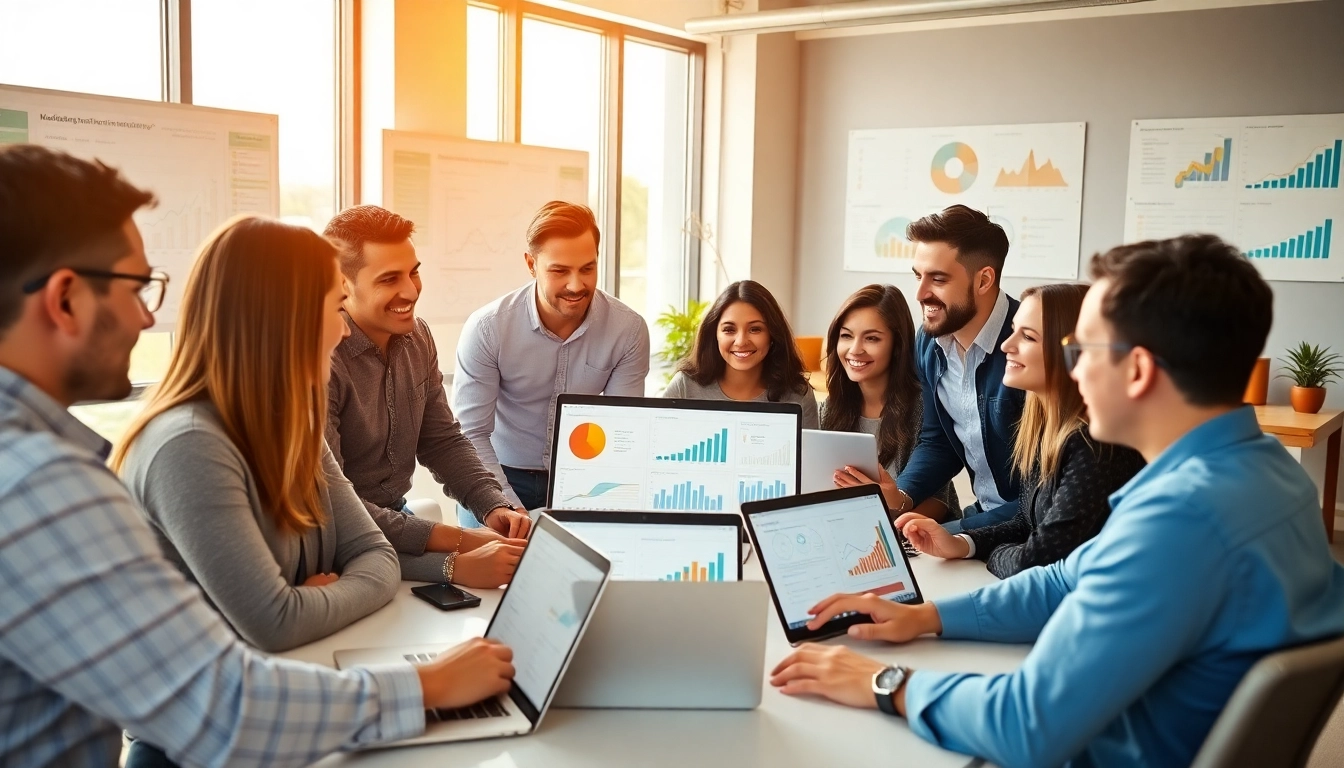 Online Marketing Strategien werden von einem kreativen Team in einem modernen Büro entwickelt.