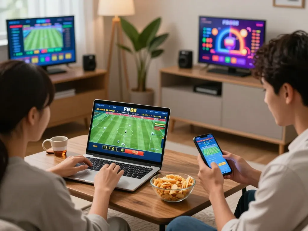 Exciting online betting experience with FB88, showcasing users enjoying sports and casino games in a lively setting.