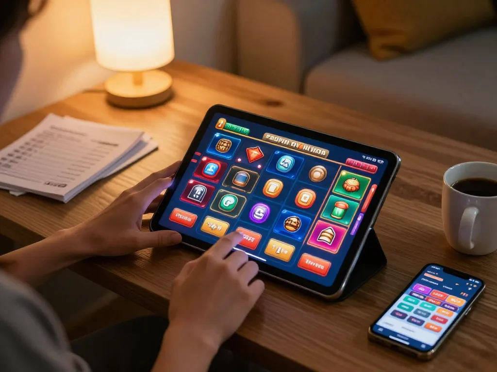 Engaging gameplay on QQ88 through a tablet in a comfortable home setting, showcasing online casino options and strategy notes.