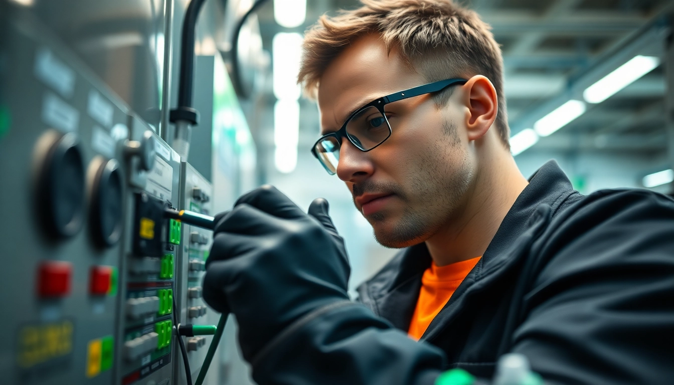 Technician conducting a DGUV V3 Prüfung on electrical equipment, emphasizing safety and precision.