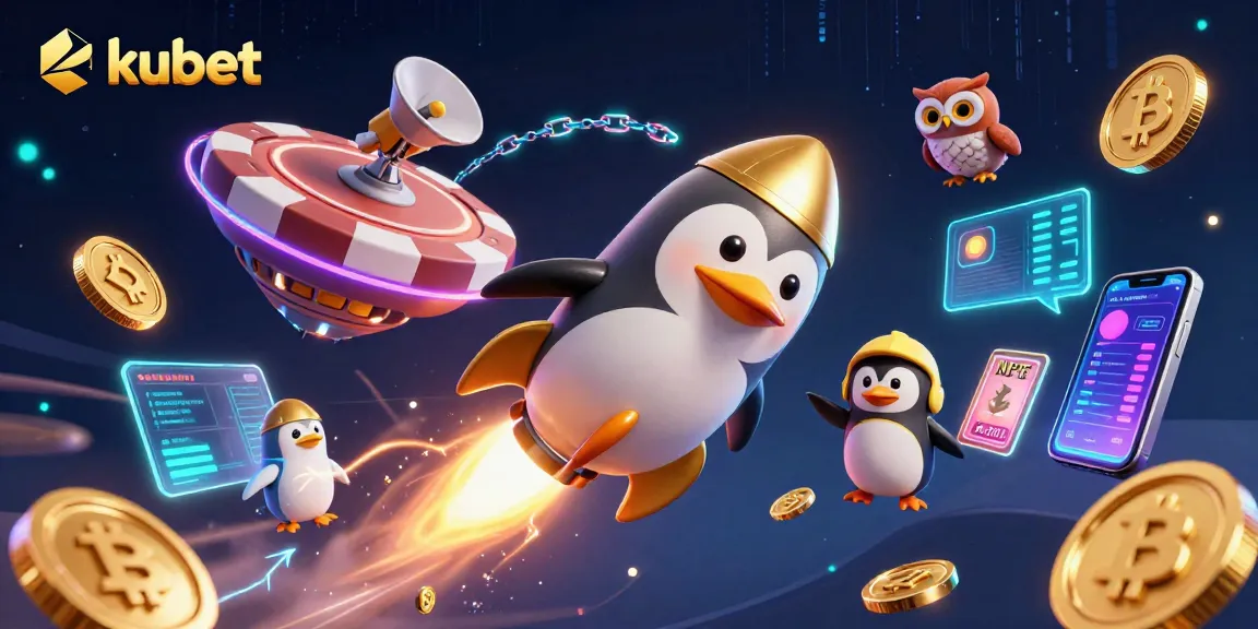 Experience the thrill of kubet with a dazzling 3D illustration of a golden penguin racing to a casino.