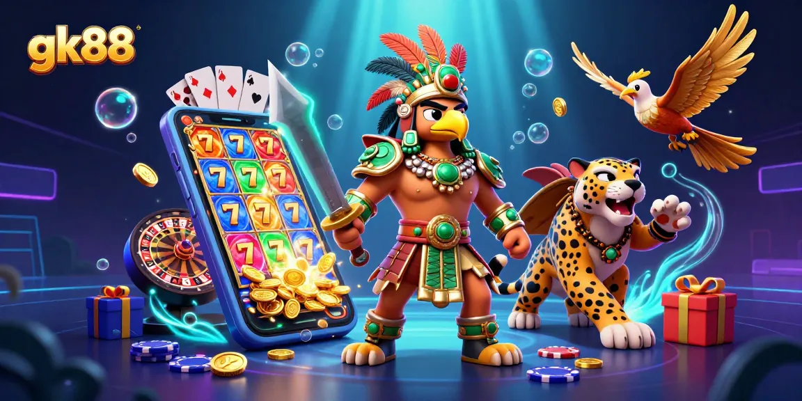 Experience thrilling slots and gaming action with gk88's vibrant Aztec warriors and magical elements.