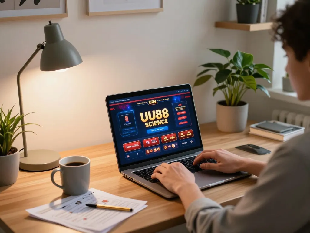 Engage with UU88 SCIENCE at home using a stylish laptop for online gambling strategies.