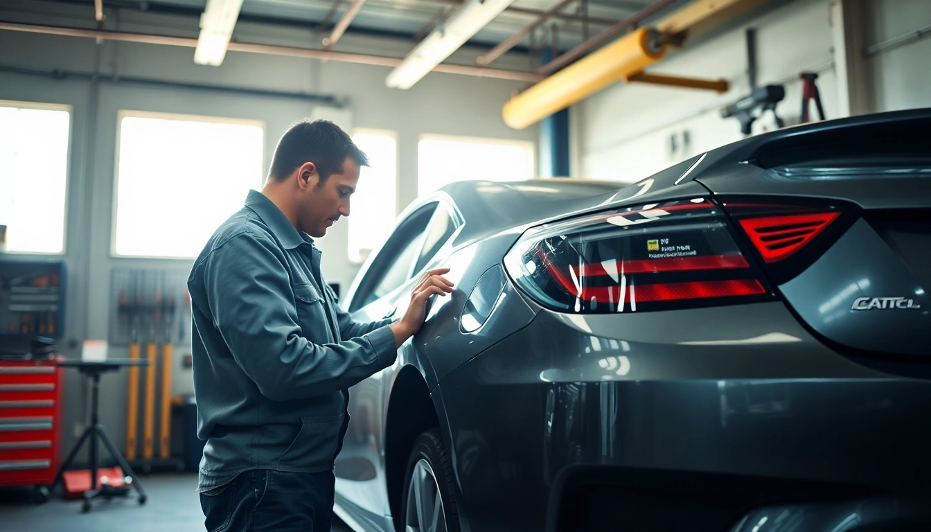 Motorschaden Ankauf: Mechanic assesses a damaged vehicle in a bright garage.