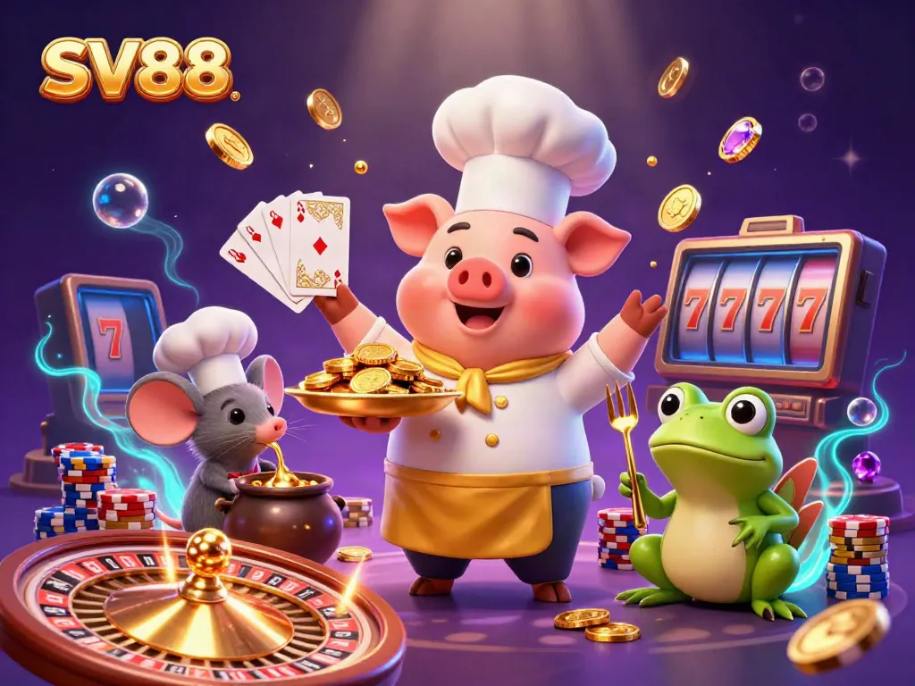 Experience SV88 magic with a cartoon chef pig serving gold coins in a dynamic casino scene.