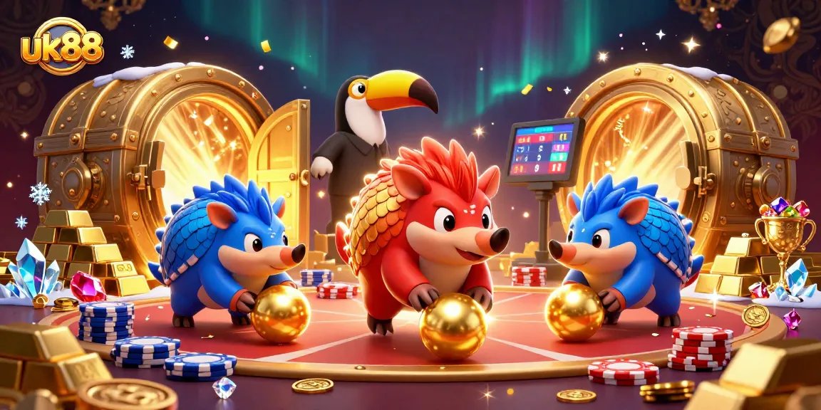 Experience thrilling action at uk88 with rival pangolins rolling through poker chips in an exciting casino scene.