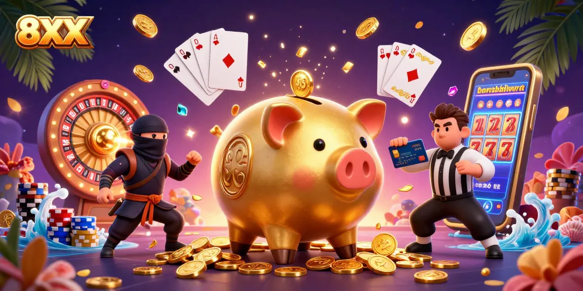 Experience 8XX casino action as a golden piggy bank sumo wrestler unleashes coins in a vibrant 3D scene.