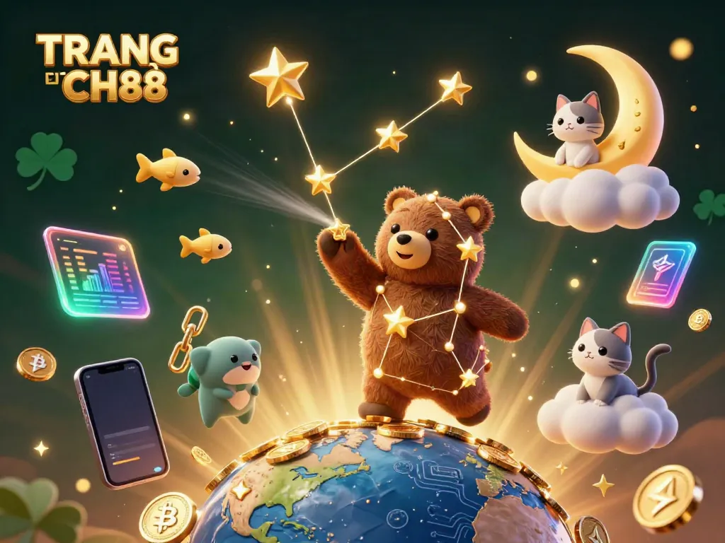 Engage with TRANG CHỦ LC88's vibrant 3D illustration showcasing a constellation bear and exciting crypto elements.