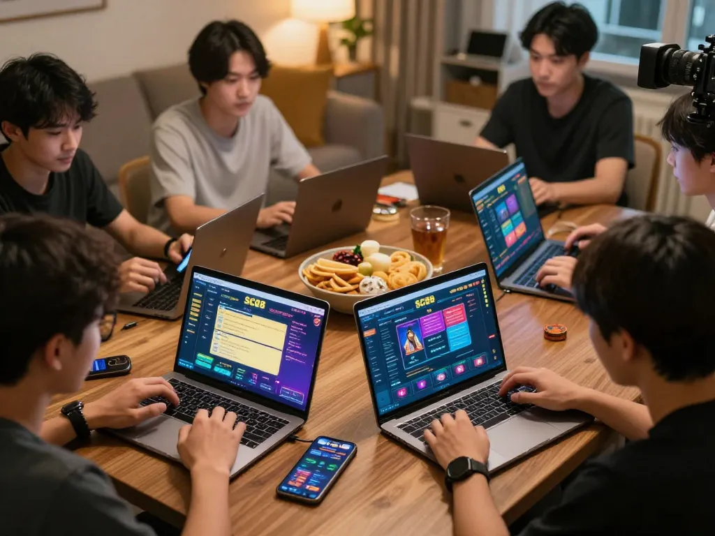 Engaged players using SC88 BET on laptops and smartphones, showcasing online gaming excitement and social interaction.