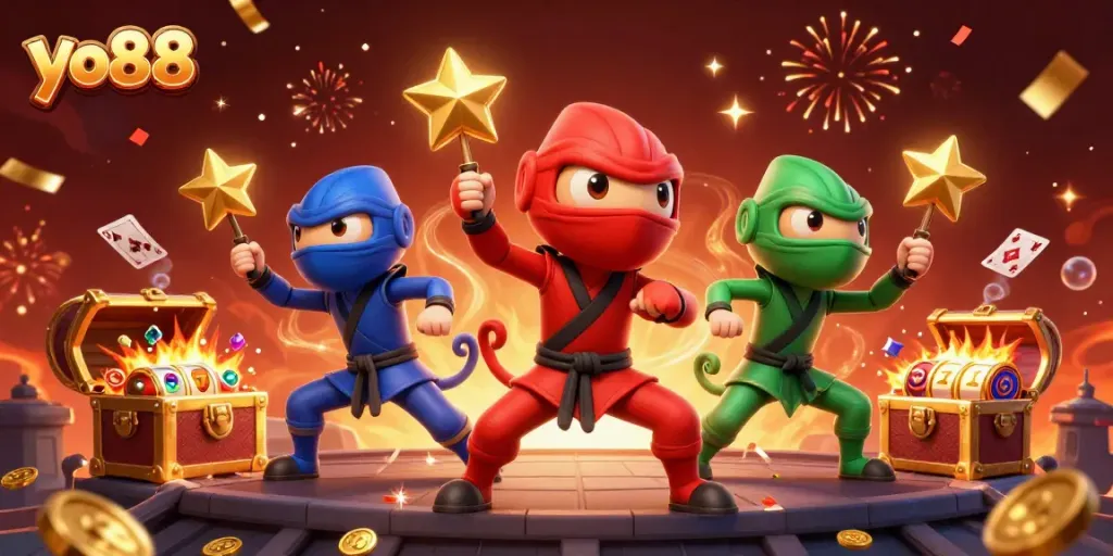 Experience yo88 with a dynamic scene featuring chameleon ninjas and casino elements like slot reels.