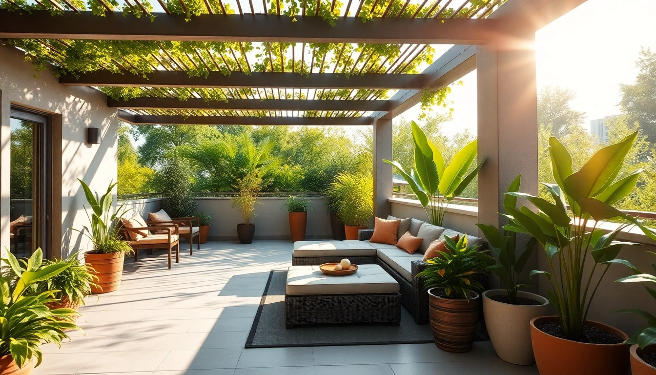 Terrassenüberdachung in einem modernen Garten mit stilvollem Design und einladender Atmosphäre.