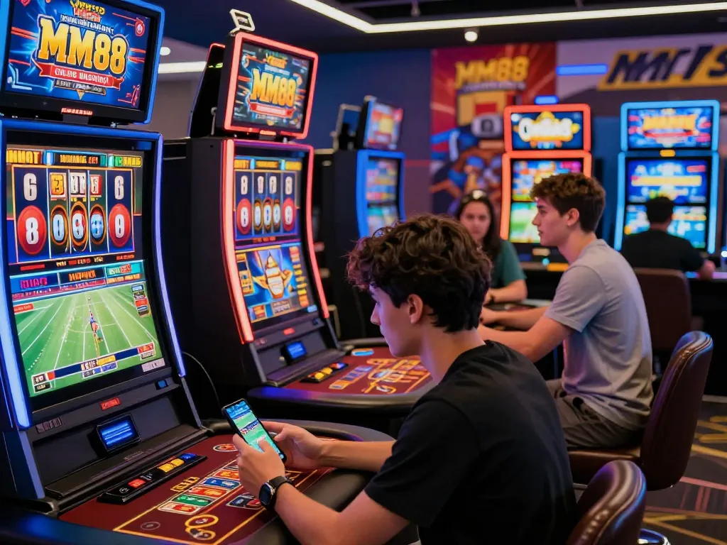 Diverse players enjoying the thrilling MM88 online gambling experience with sports betting, casino games, and vibrant slot machines.