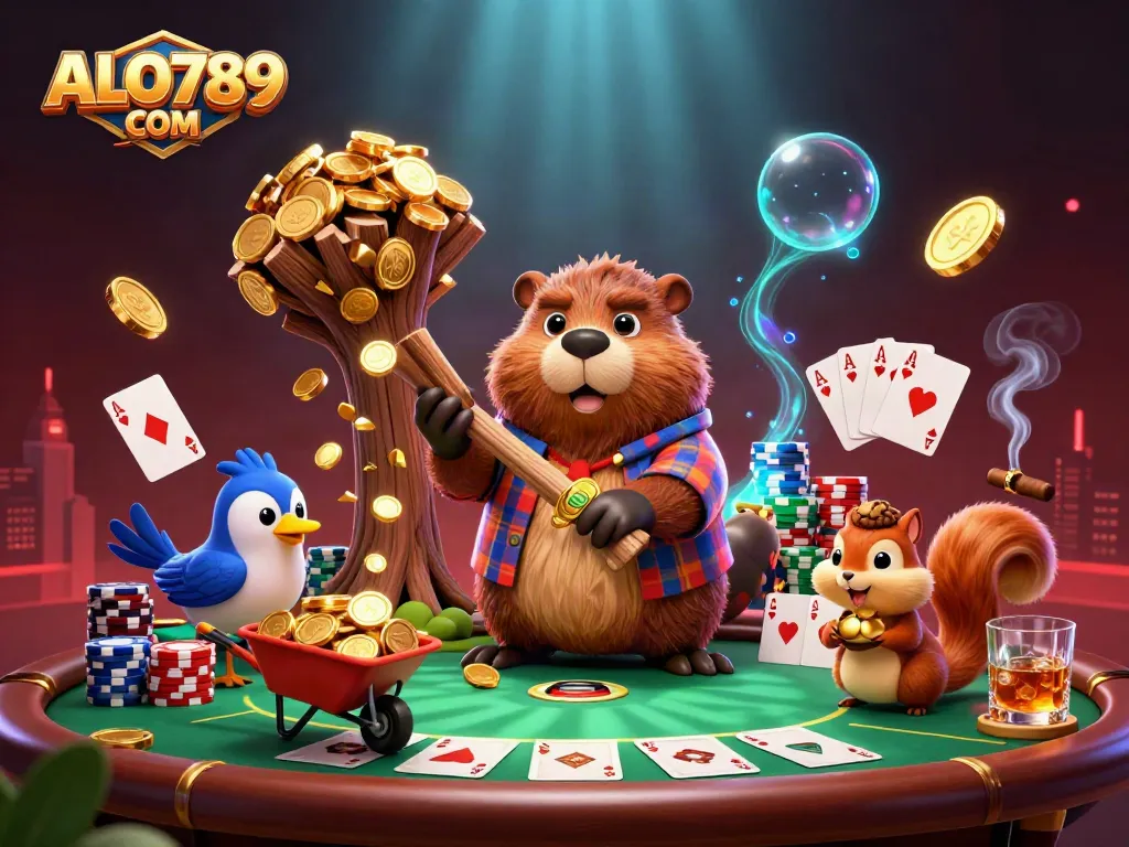 Experience thrilling poker action with ALO789 COM featuring a beaver and friends collecting gold coins.