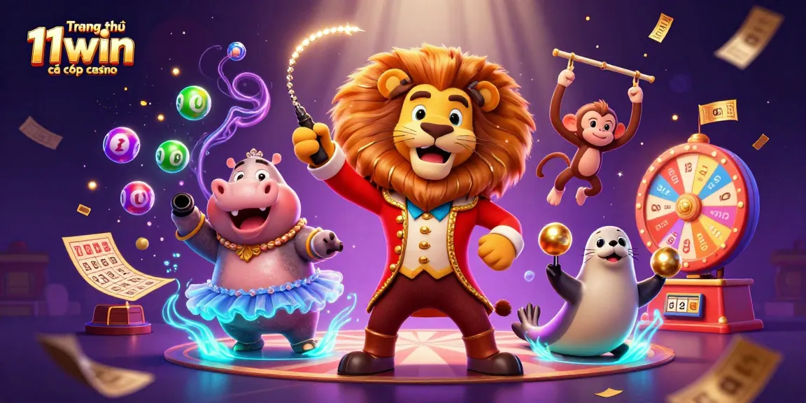 Engage in dynamic gaming action at Trang chủ 11win cá cược casino with a vibrant circus-themed illustration.