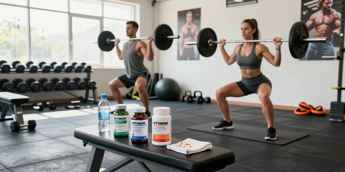 Aktives Paar im Fitnessstudio mit Utinon Steroids Produkten auf der Bank, energiegeladene Atmosphäre, Muskelaufbau.