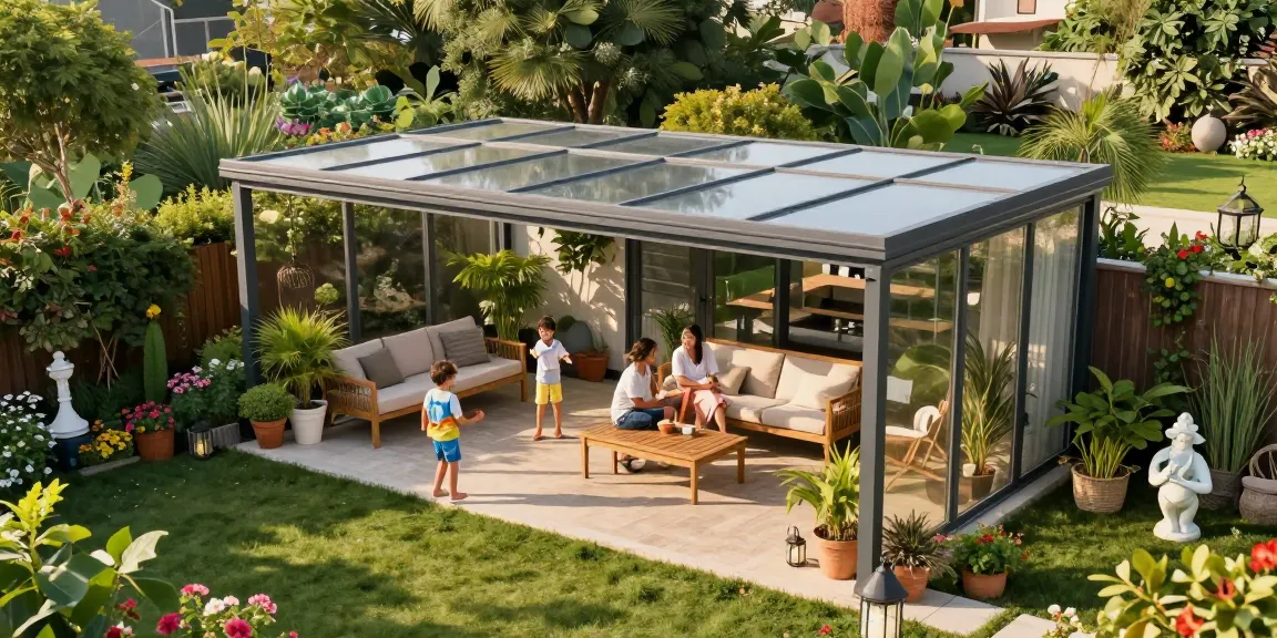 Moderne freistehende Terrassenüberdachung mit Familie im Garten bei Sonnenschein.