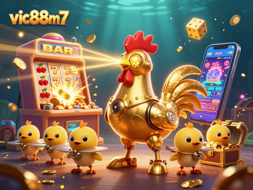 Experience excitement at vic88m7 with a vibrant scene of a golden rooster robot amidst a captivating jackpot explosion
