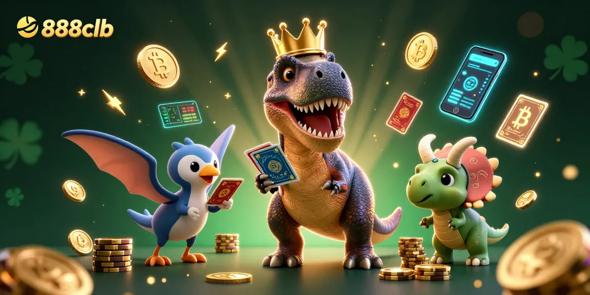 Bettors enjoy gaming at 888clb while dinosaurs play cards and stack chips in a vibrant casino scene