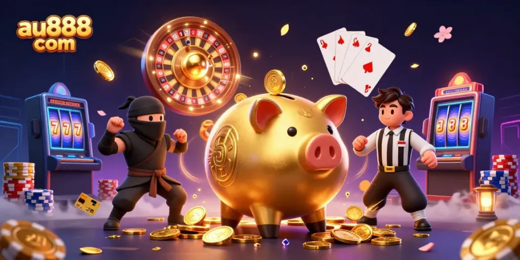 Engage with thrilling action at au888 com featuring a golden piggy bank sumo wrestler and dynamic casino elements.