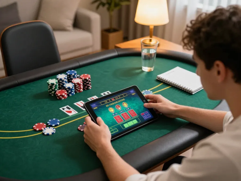 Engaging in an online poker game on cm88, chips and strategy notes visible around.