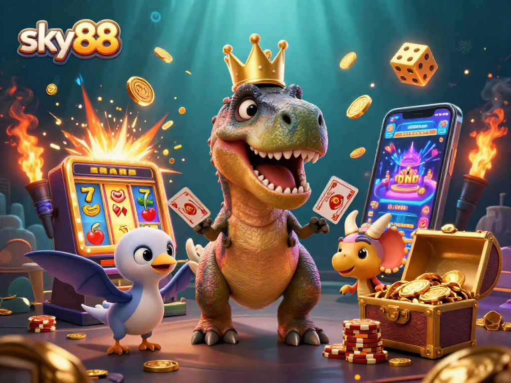 Join sky88 gaming fun with T-Rex shuffling cards and a treasure-laden slot machine bursting with excitement.