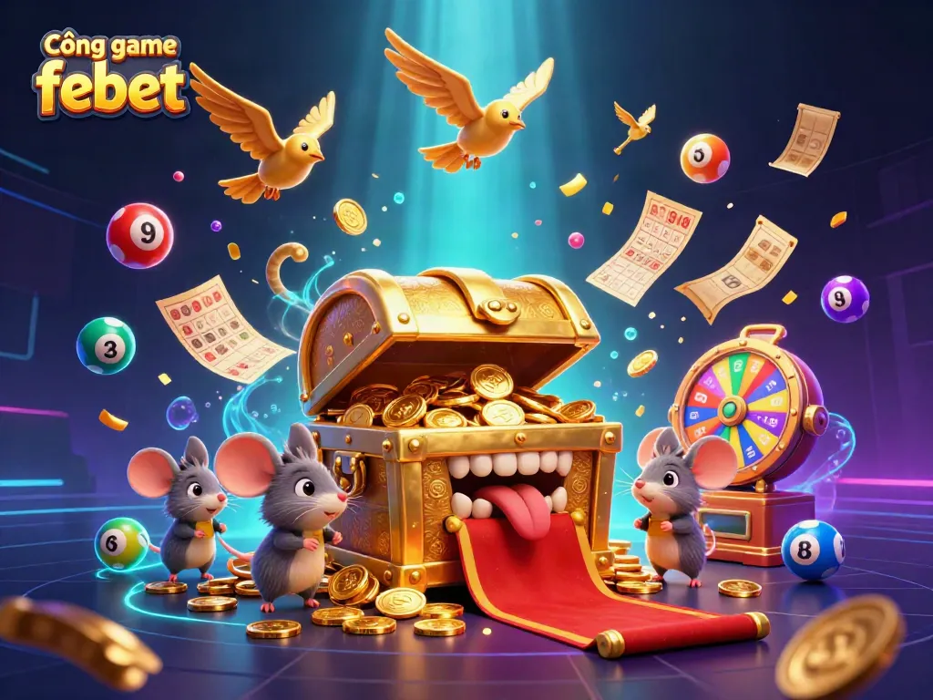 Engage with Cổng game febet as a treasure chest lures adventurer mice amidst vibrant casino elements.