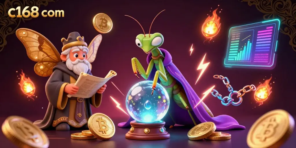 Engage with c168 com's vibrant gaming fantasy featuring fortune tellers and crypto elements.