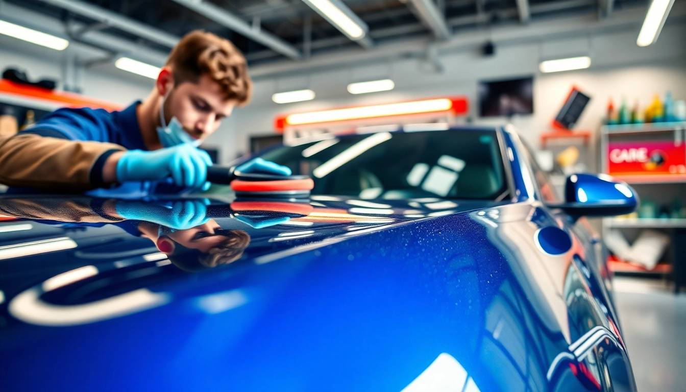 Fahrzeugaufbereitung mit glänzender Politur und professionellem Techniker in Werkstatt.